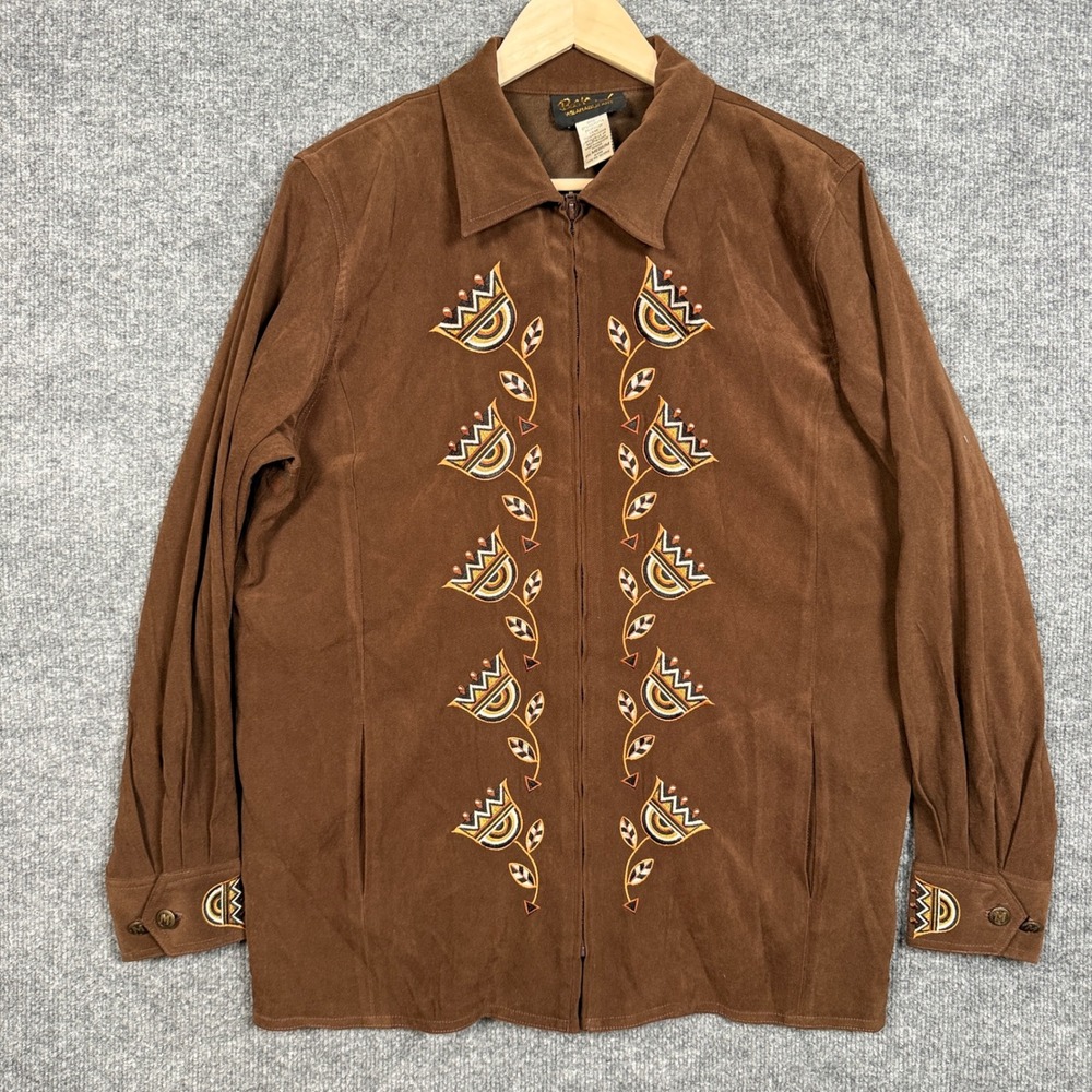 Bob Mackie Wearable Art Size Medium Jacket Shacket Brown Embroidered Full Zip